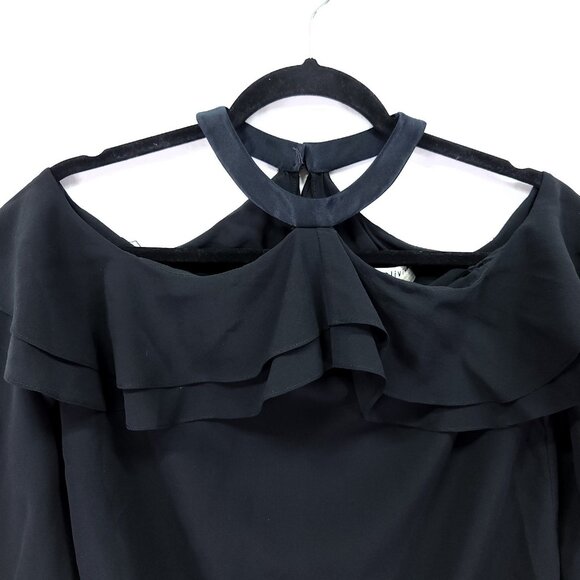 Alice + Olivia Silk Halter Top Size XS Cold Shoulder Ruffle Blouse Black - Picture 3 of 12